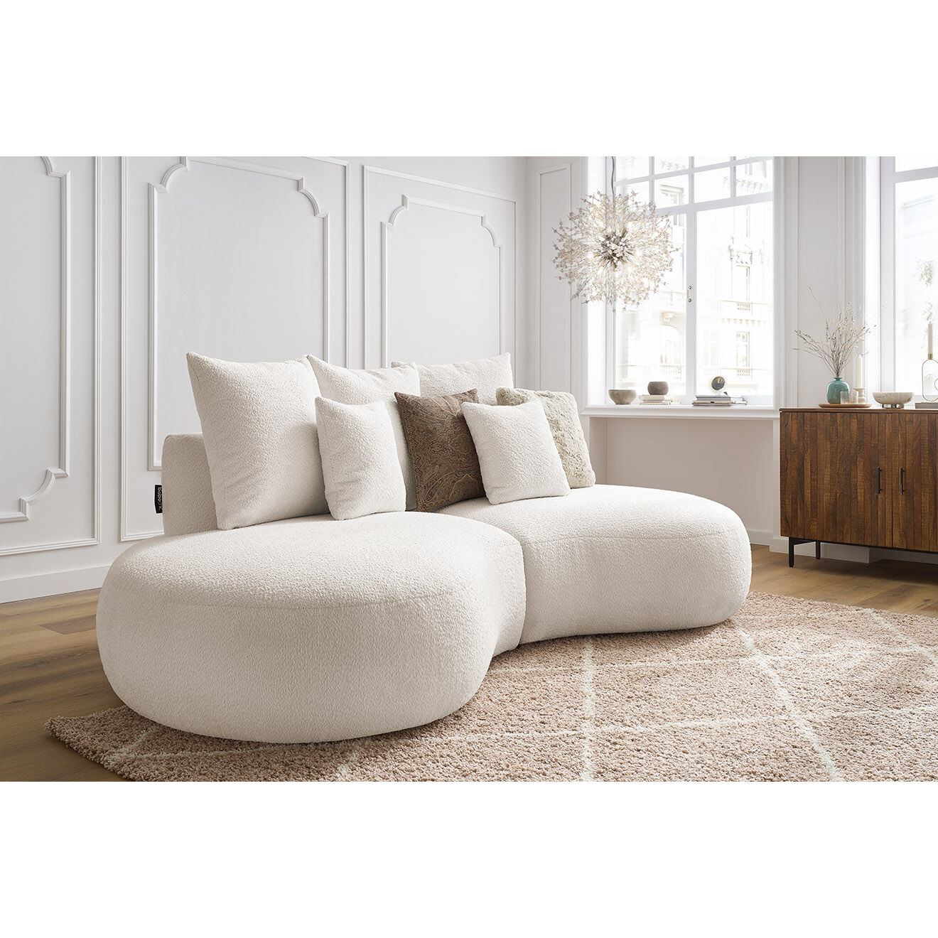 Bobochic Canapé droit fixe 3 places saint-germain tissu bouclette blanc - 260x145x92 cm