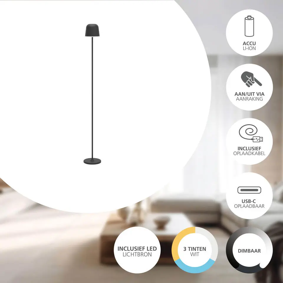 EGLO Mannera-L Staande lamp - USB-C - H 140 cm - Zwart