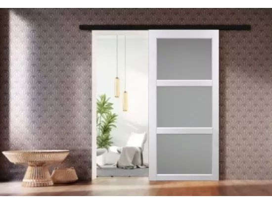 Porte Coulissante Kenya Blanc Vitrée H204 X L93 + Rail Alu Bandeau Noir Gd Menuiseries