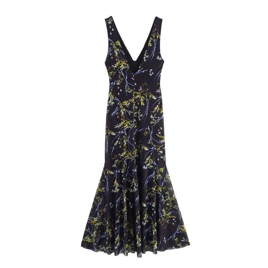 Cumulys - Mouwloze V-hals maxi-zeemeerminjurk met bloemenprint