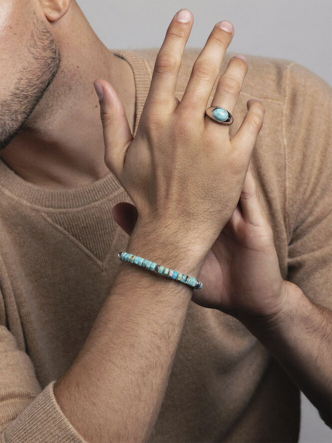 Nialaya Men's Hexagon Beaded Bracelet with Turquoise and Silver Turquoise