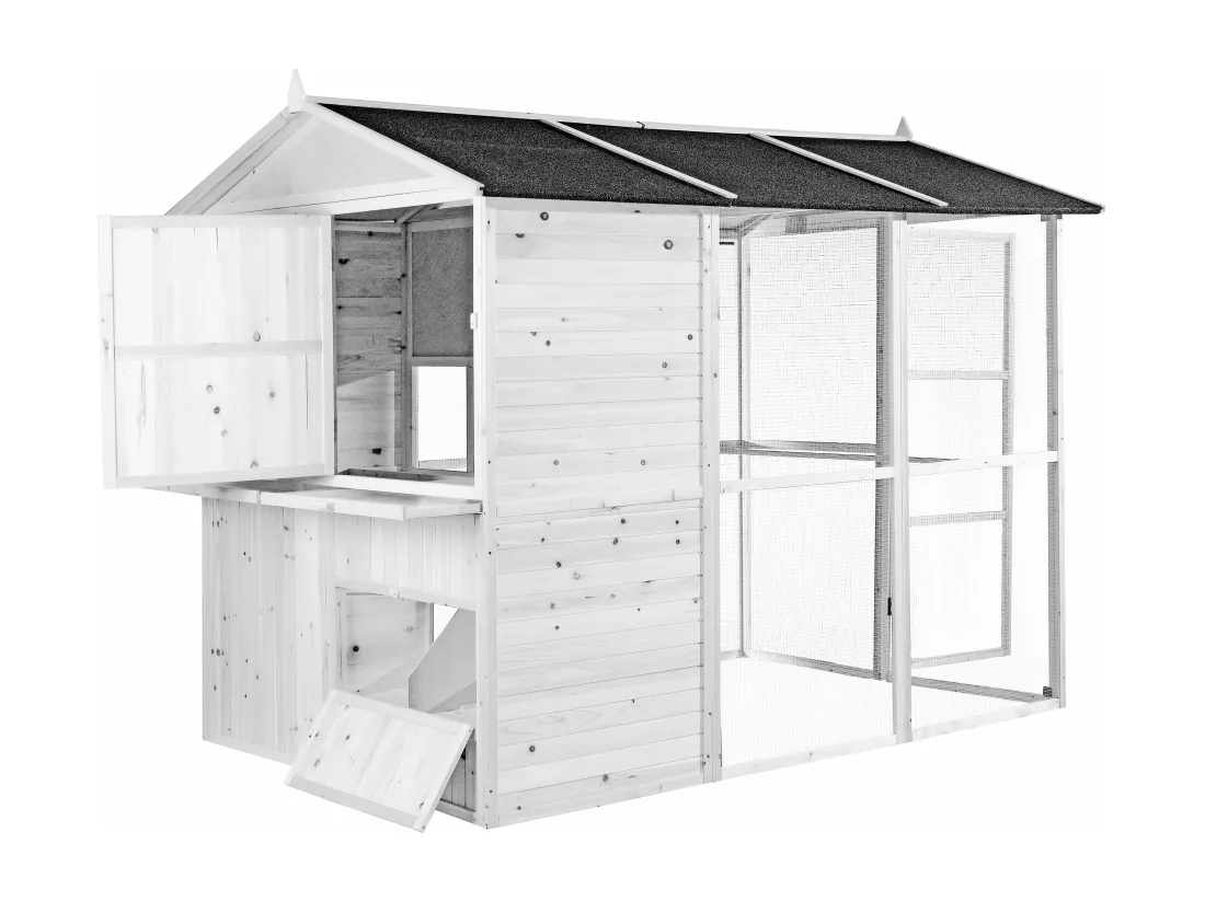 Poulailler en bois avec enclos - 10 poules - L. 266 x P. 174 x H. 205 cm - Blanc - FERAS