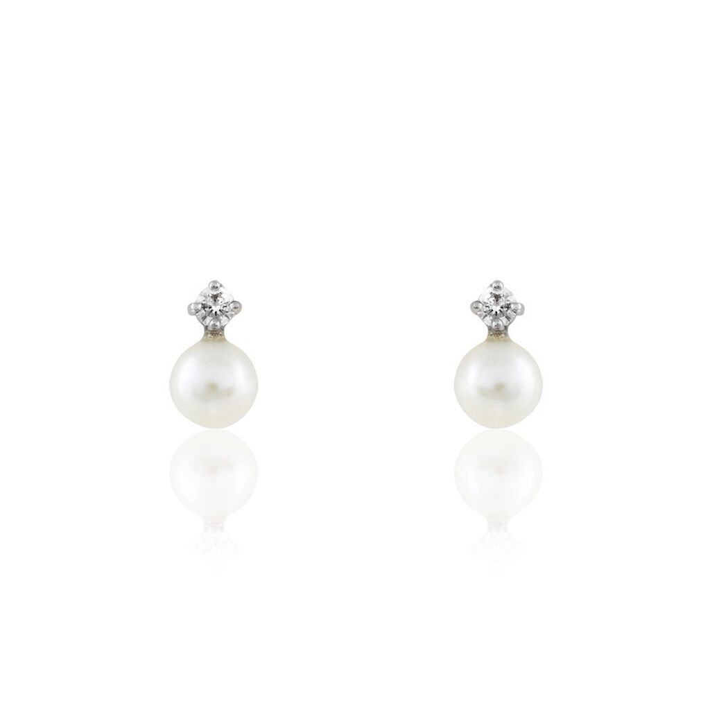 Boucles D'oreilles Puces Eolande Or Blanc Perle De Culture Et Oxyde