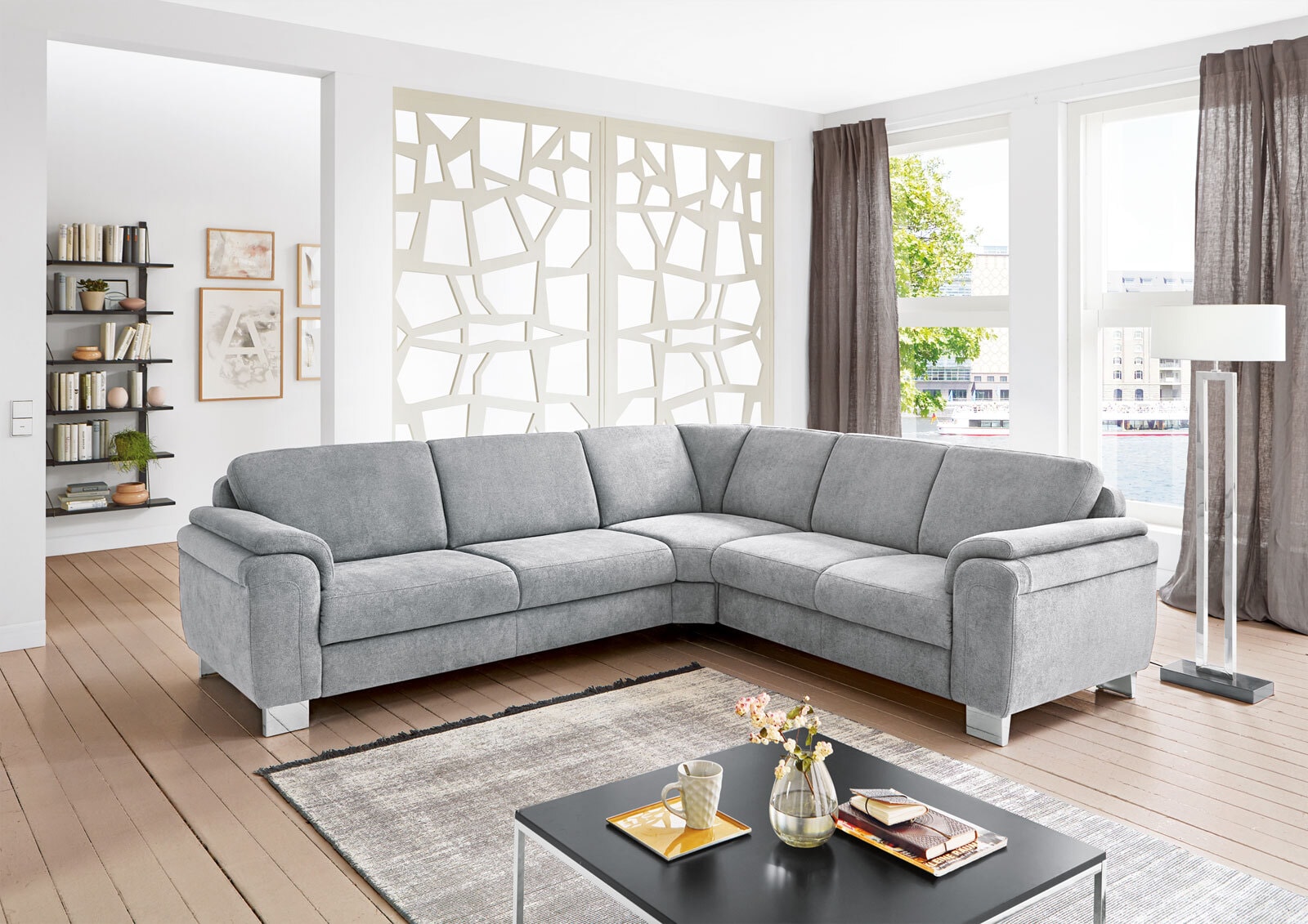 Ecksofa Amiens 276x84x246cm, Stoffbezug Grau