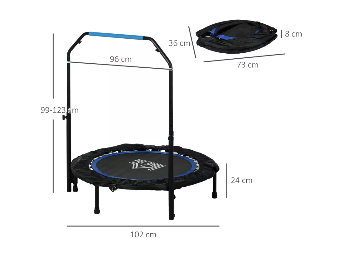 Trampoline de fitness gym pliable - poignée réglable, 28 ressorts - Ø 102 cm - noir bleu