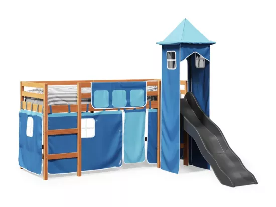 Lit mezzanine enfants avec tour bleu 90x190 cm bois pin massif