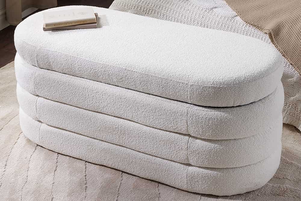 Extravagante Polsterbank VOGUE 115cm creme weiß Bouclé Sitzbank mit Stauraum