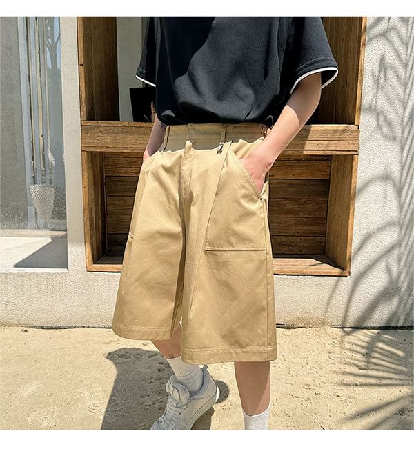 Omozando - Mid Rise Plain Capri Wide Leg Cargo Pants