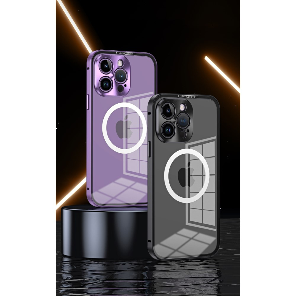 iPhone 14 Pro Max MagSafe Alu Schutzhülle mit Panzer Glas Backcover   Kameraschutz - Dunkellila (Deep Purple)