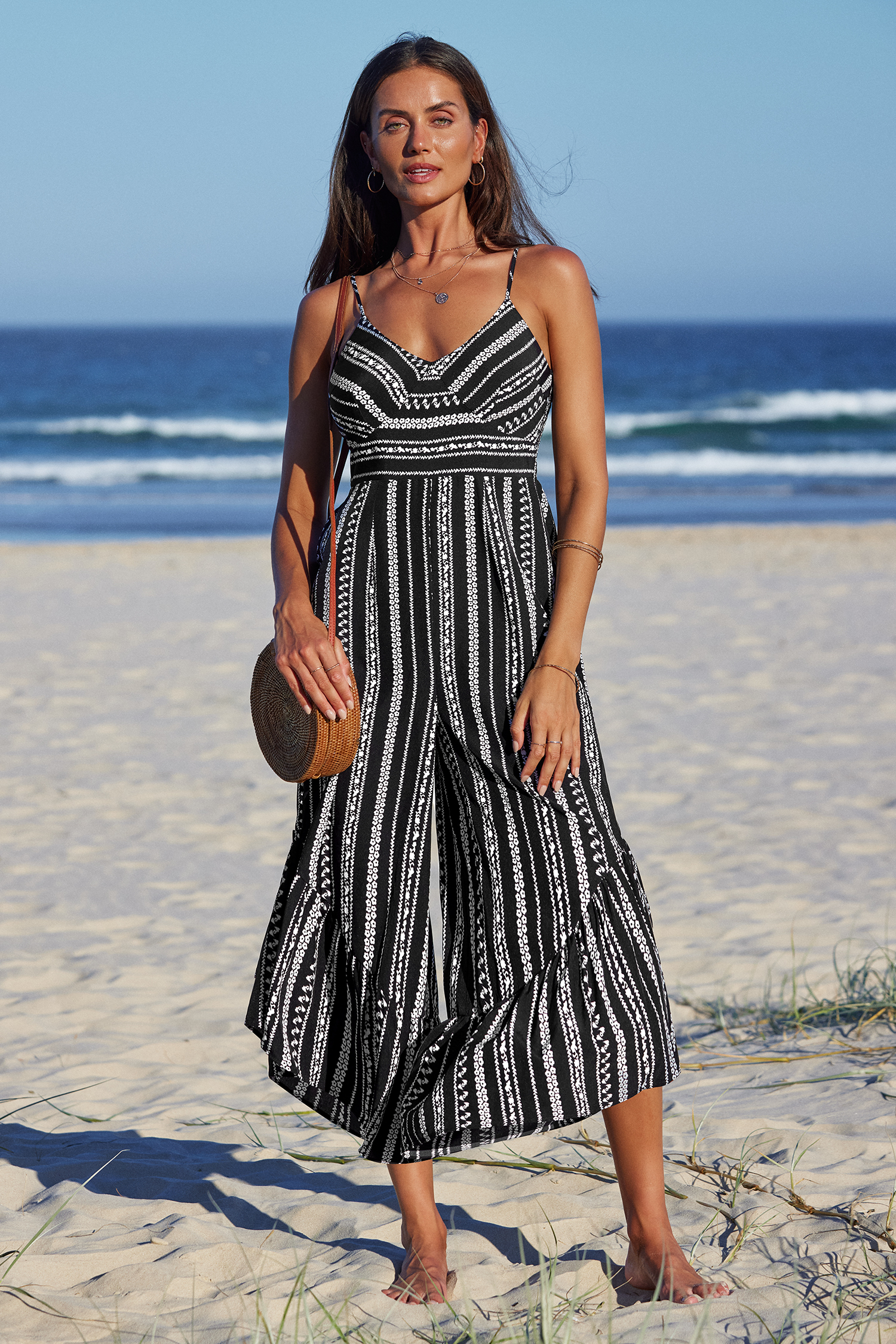 Combinaison évasée sans manches à rayures boho