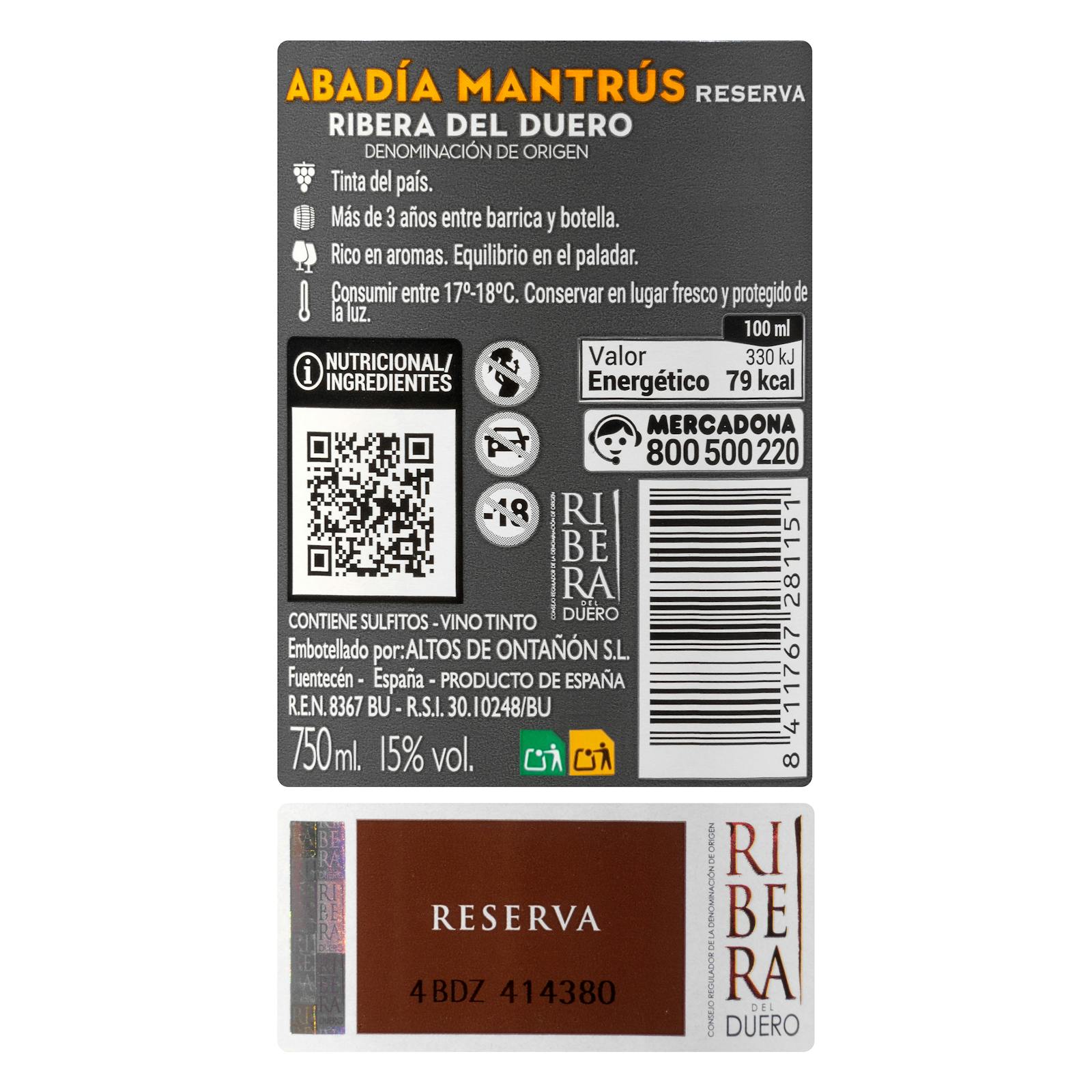 Vin rouge DO Ribera del Duero Abadía Mantrús Reserva