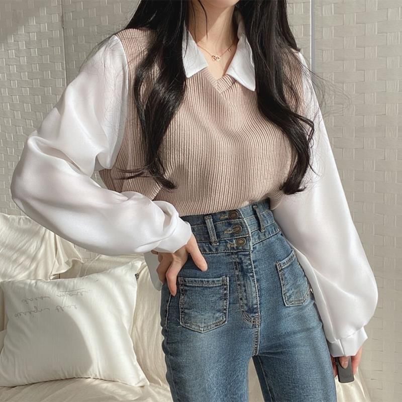 Enpheriado - Mock Two-Piece Long-Sleeve Two Tone Panel Blouse