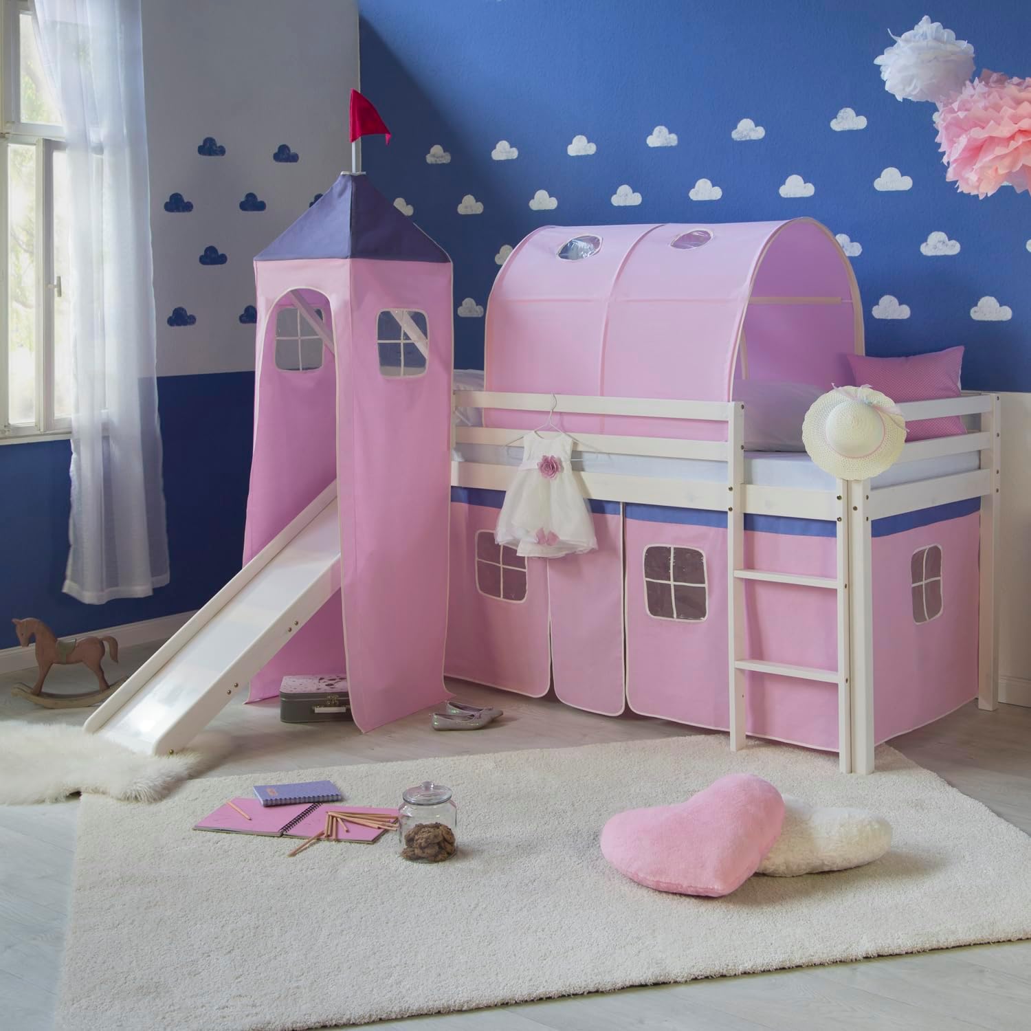Homestyle4u 2555, Kinderhochbett Weiß 90 x 200cm Holz Kiefer rosa Hochbett Turm Tunnel Leiter Vorhang Rutsche Lattenrost