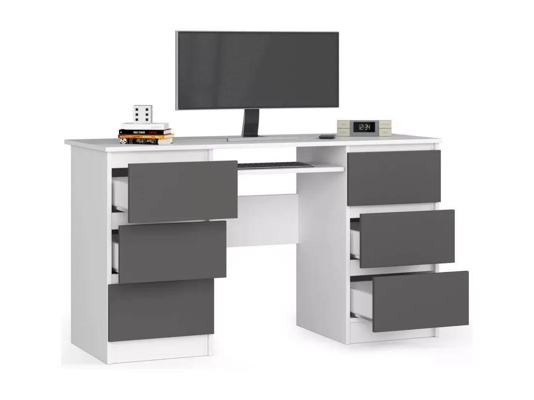 Bureau d'ordinateur AKORD A11 Blanc 135 cm 6 tiroirs façade Gris Graphite 135x50x77 cm