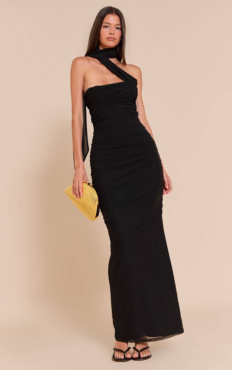 Noir Robe Maxi Avec Détail Foulard Superposé En Mesh