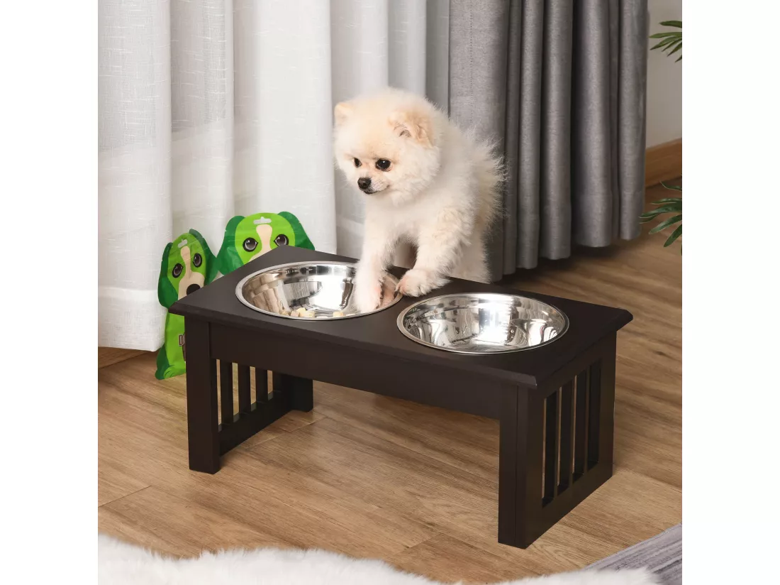 Gamelle double chien chat Porte-gamelles surélevé dim. 44L x 24l x 15H cm 2 gamelles acier inox. incluses MDF marron