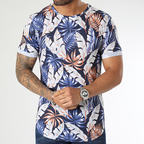 Tee Shirt Oversize Imprimé Avec Revers 2845 Floral Bleu Marine