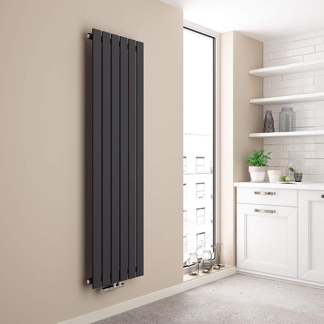 EMKE Design Heizkörper Flach, 1600x460 mm Vertikal Flachheizkörper mit Mittelanschluss, Einlagig Paneelheizkörper Wandheizkörper für Bad, Schlafzimmer & Wohnzimmer, Anthrazit 210W