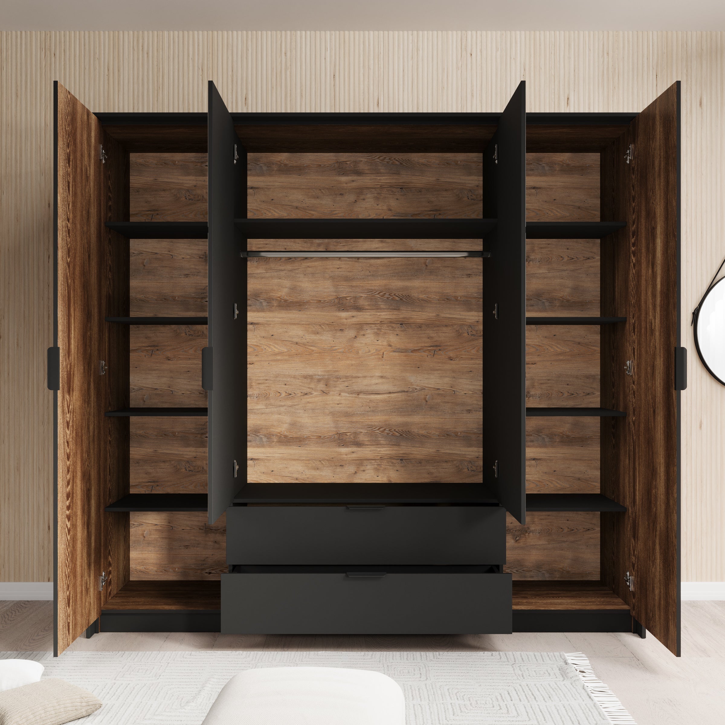 Meubella - Kledingkast Mulvey - Eiken - Antraciet - 220 cm- Spiegel