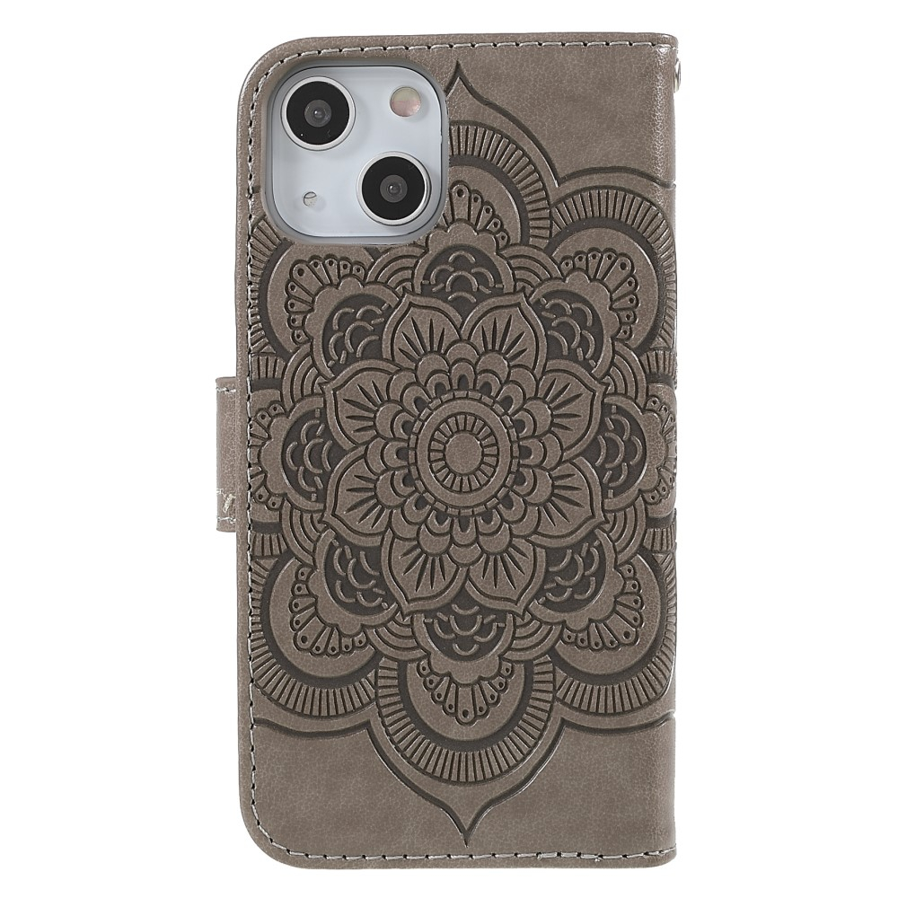 iPhone 13 Leder Tasche Wallet - Mandala Flowers Imprint - Grau