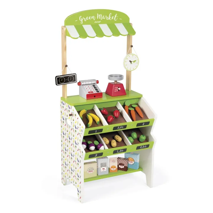 Janod Epicerie Green Market en bois avec 32 accessoires