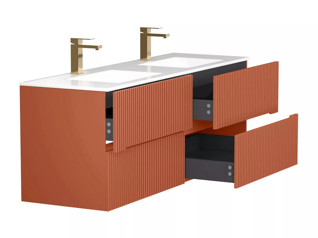 Meuble de salle de bain suspendu avec vasque à encastrer et colonne - Strié terracotta - 150 cm - PAVANI