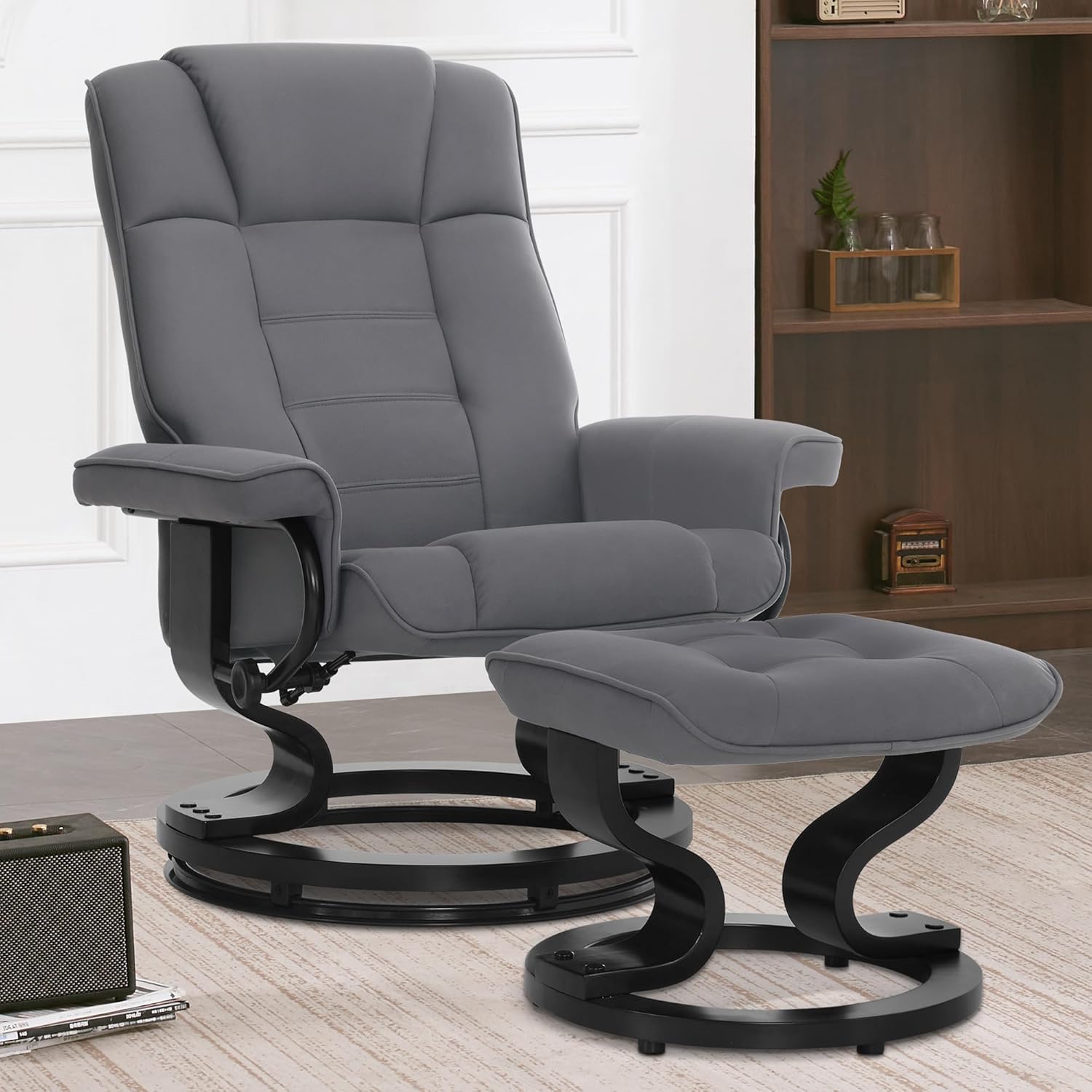 M MCombo Relaxsessel mit Hocker, 360° drehbarer Fernsehsessel mit Liegefunktion, bis 120 Kg belastbarer TV-Sessel, moderner Ruhesessel für Wohnzimmer, 9019 (Mikrofaser, Grau)
