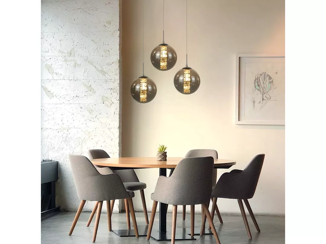 NETTLIFE Suspension Lampe à en verre gris Diam.28cm G9 à 3 lampes, lampe de table à manger de couleur moderne, lampe de salon de cuisine