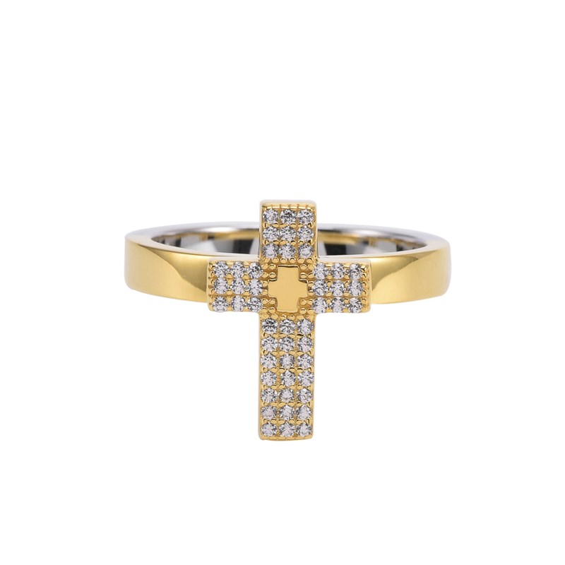 Bague Argent Croix Doré Sertie De Zirconiums