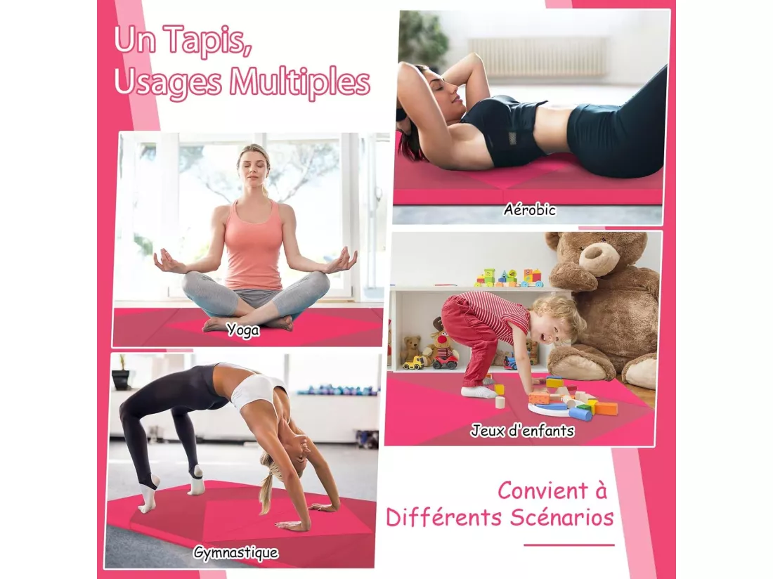 Tapis de Gymnastique Pliable Epais 240x117x5CM, Matelas d'Entrainement en Mousse et PU avec Poignées, pour Gymnastes Entraînements Sportifs Yoga (Rose et Rouge)