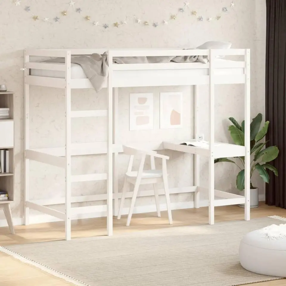 vidaXL - Hoogslaper met bureau - Wit - Massief grenenhout - 90x190 cm