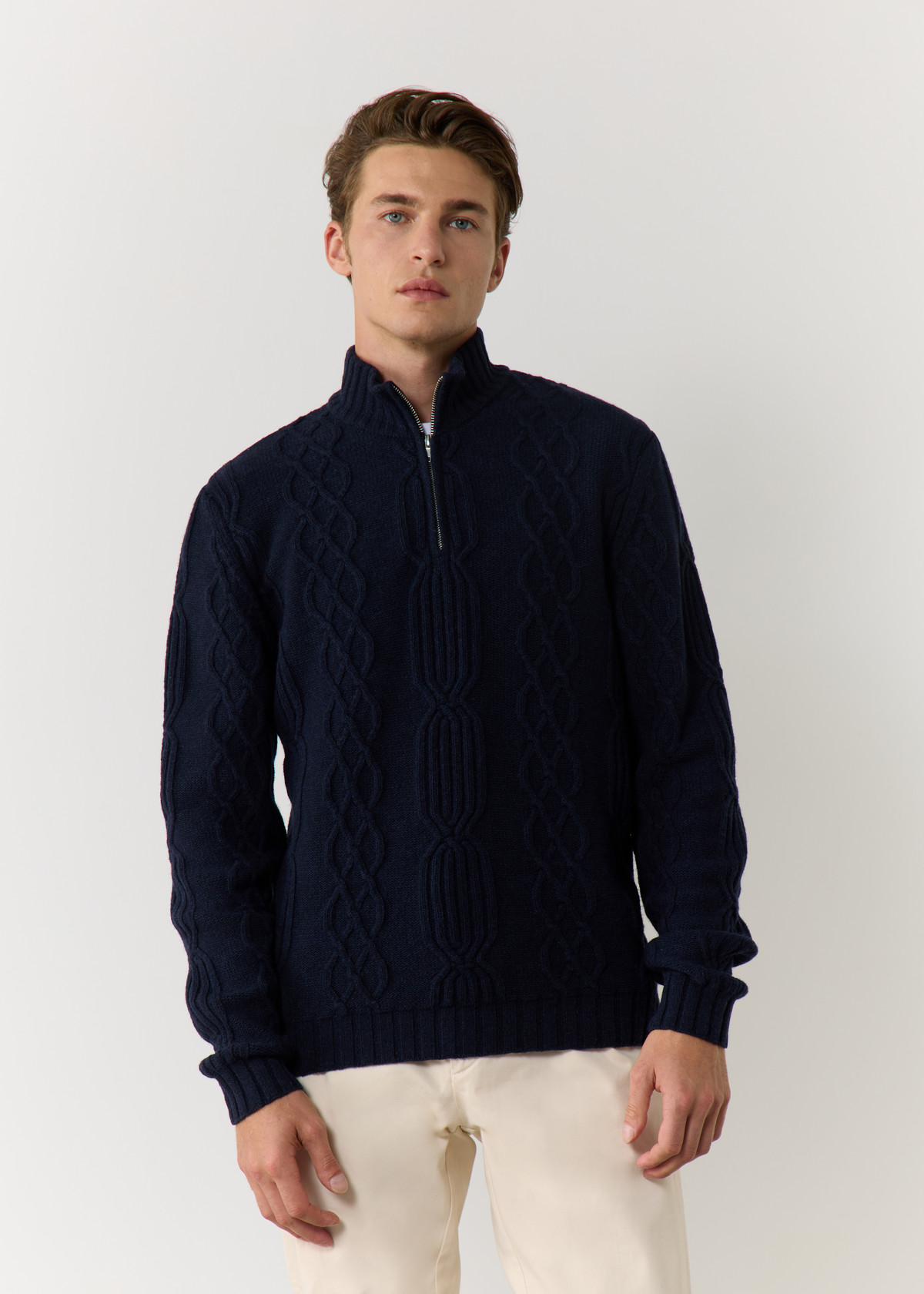 Pull col zippé en laine mélangée unie bleu marine