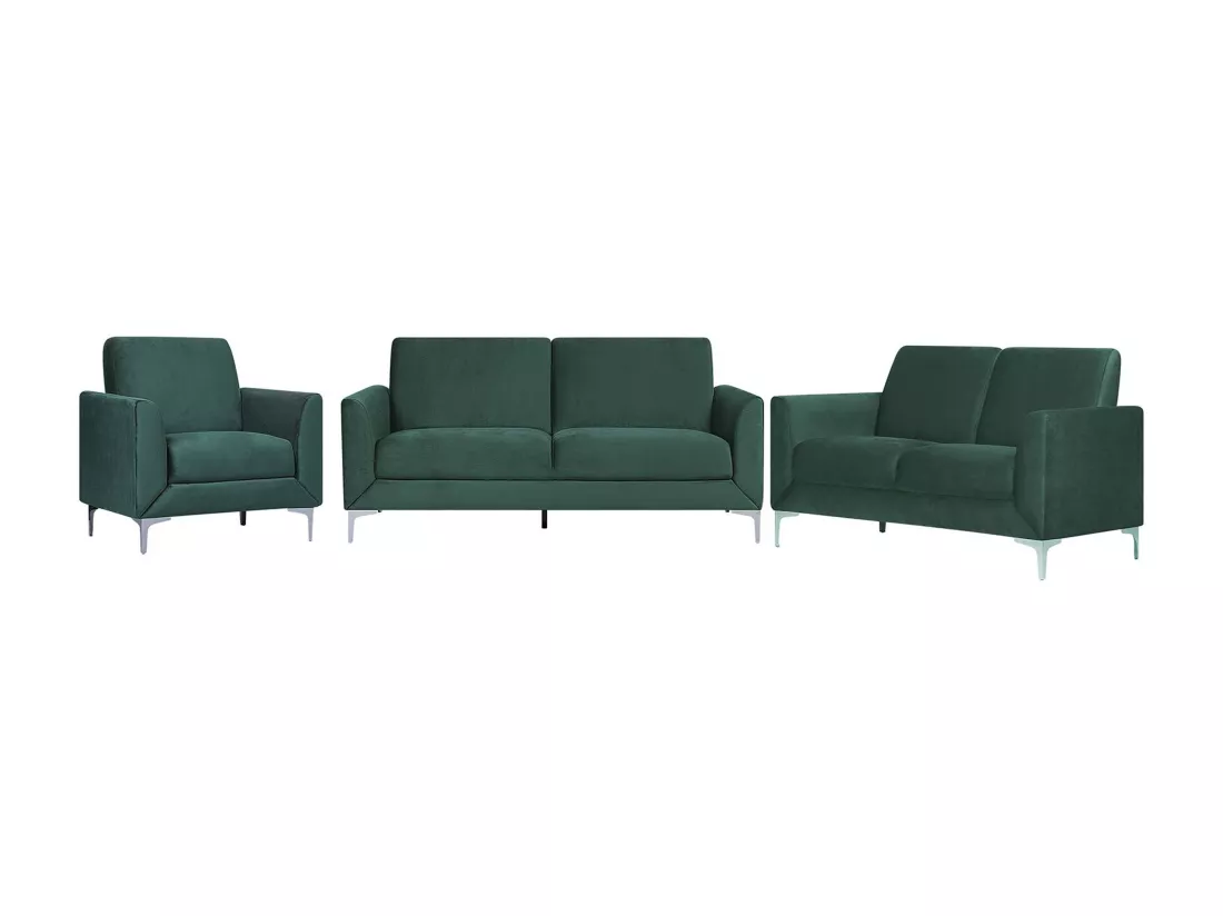 Ensemble canapés et fauteuil en velours vert 6 places FENES