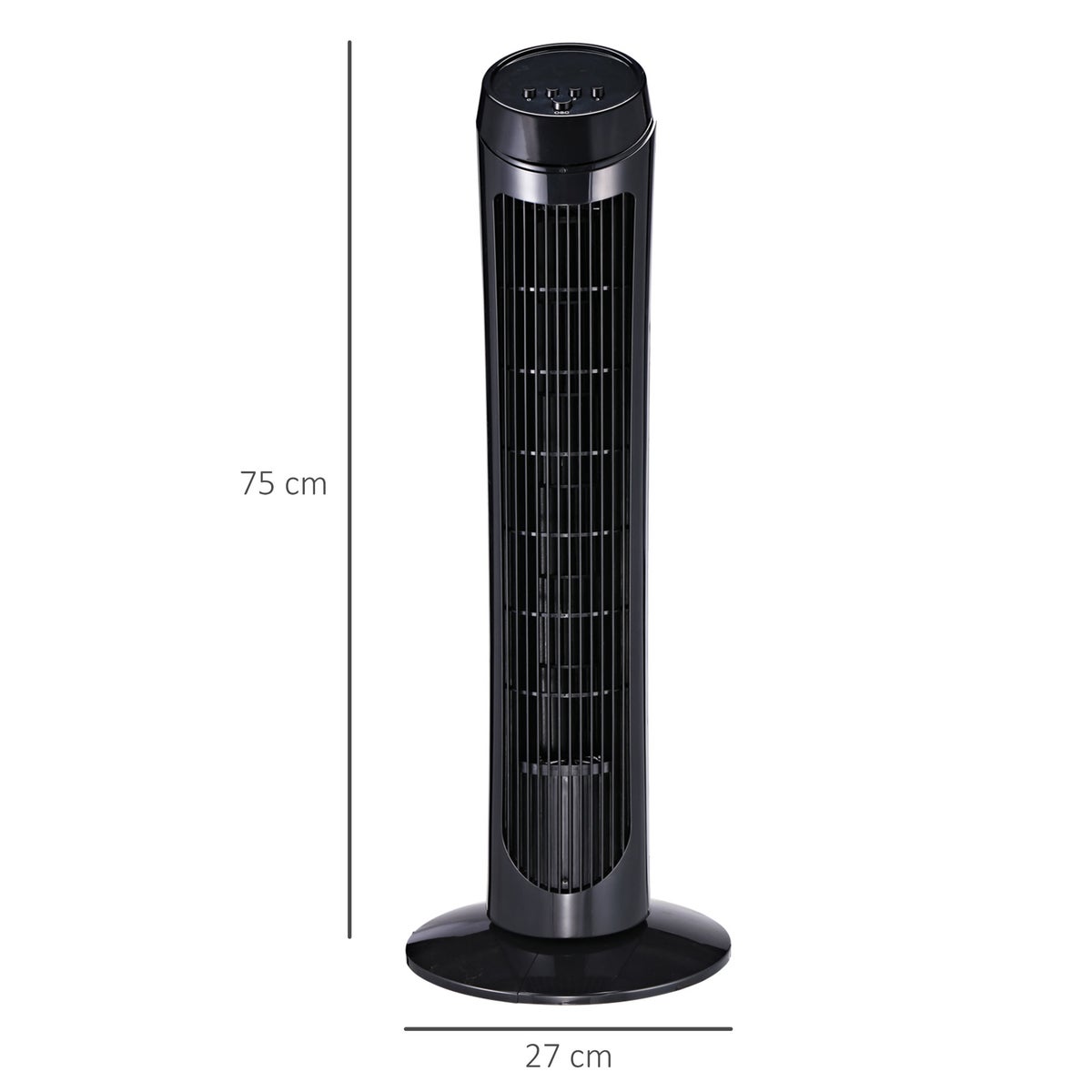 HOMCOM 45W torenventilator, stil, 3 snelheidsstanden, 70° oscillatie, ABS, zwart, Ø27 x H75 cm