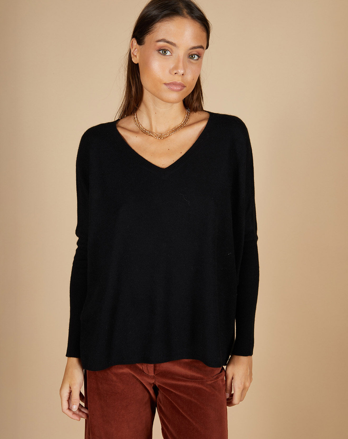 Cashmere Tribu Pull poncho 100% Cachemire Emma col V noir