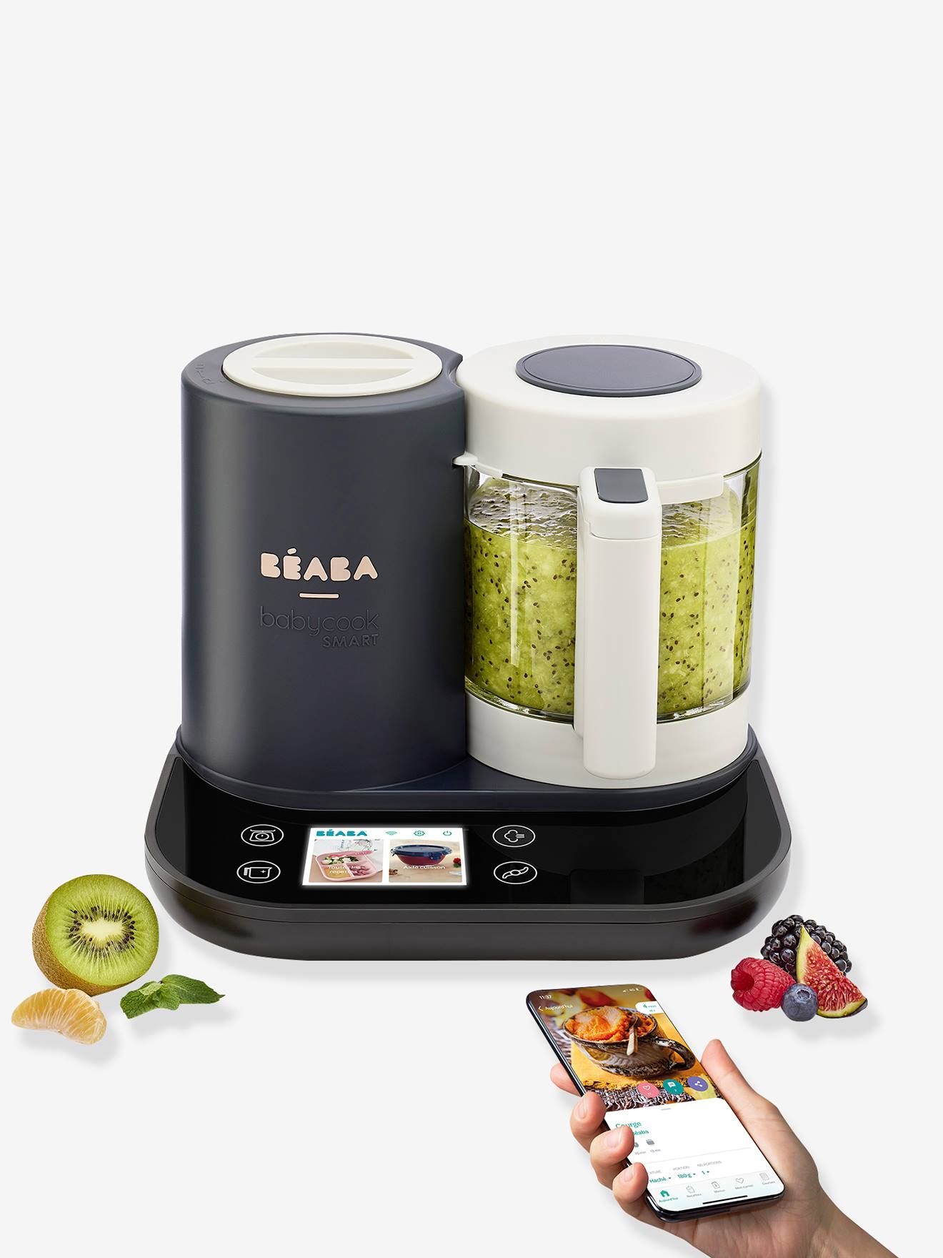 Processador de alimentos online BEABA Babycook Smart, cinza claro liso com padrões.