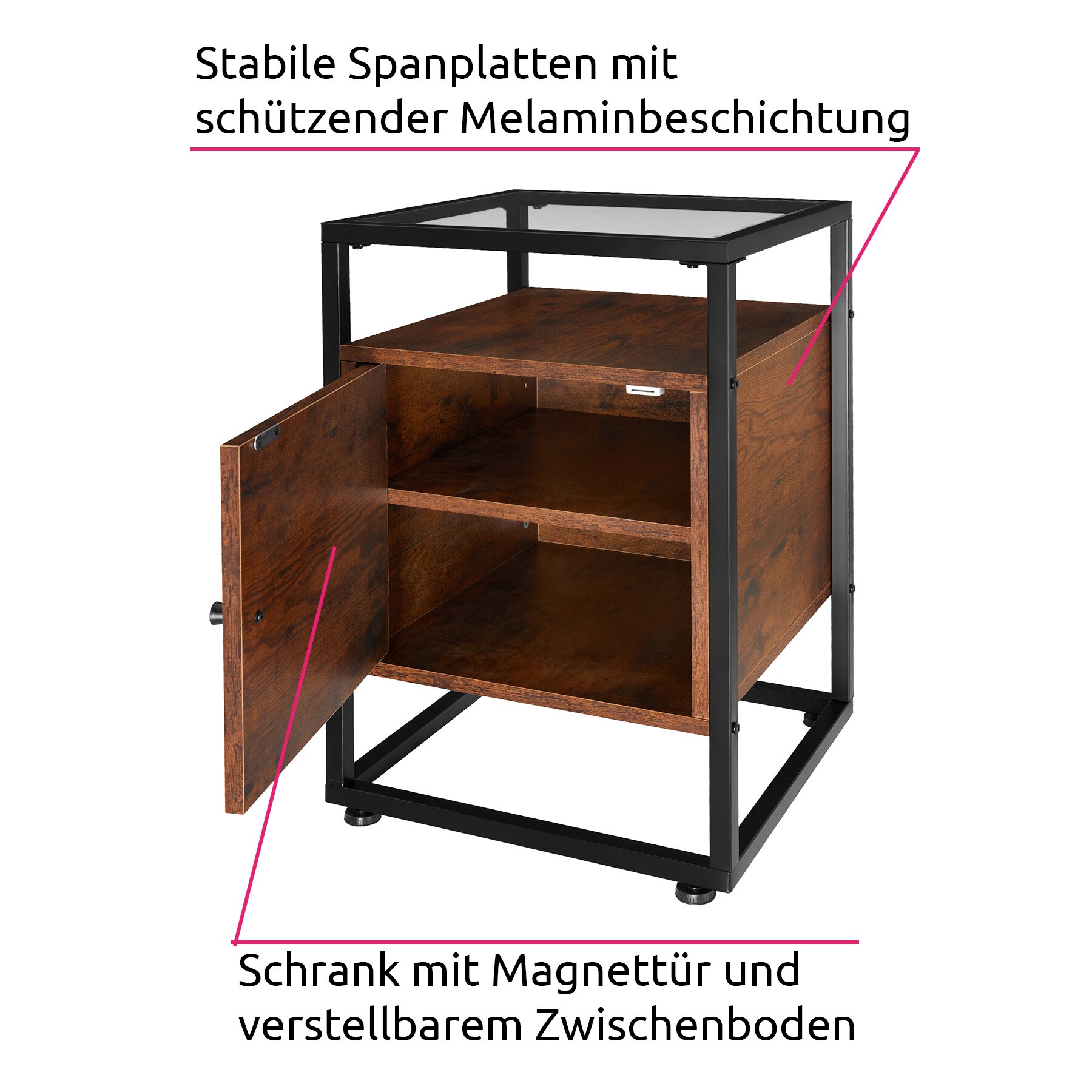 tectake® Nachttisch, Industrial Style, mit Glasplatte, Staufach mit Magnettür und Einlegeboden, 40 x 43 x 60,5 cm