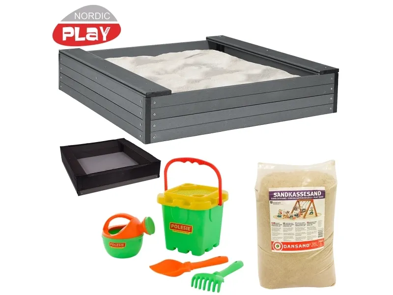 NORDIC PLAY Sandkasse med sæde 24 x 120 x 120 cm WPC inkl. net, 240 kg sand og grøn spand (805-737)