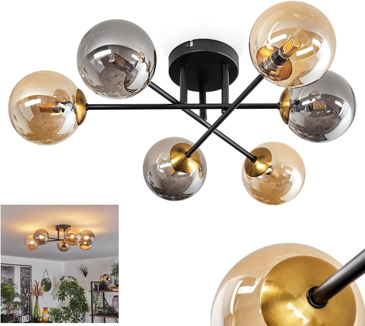 HOFSTEIN Deckenleuchte Chehalis, Deckenlampe aus Metall/Glas in Schwarz/Gold/Bernsteinfarben/Rauchfarben, Leuchte im modernen Retro/Vintage-Design mit Schirmen aus Glas (Ø 12cm), 6 x G9