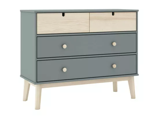 KAINA - Pack Lit 90x190cm + Chevet 2 Tiroirs + Commode 4T Coloris Gris et Naturel
