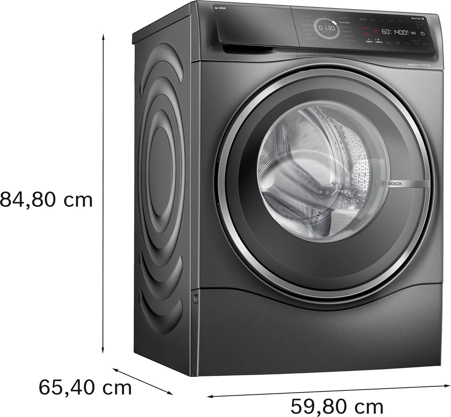 Bosch WNC254AS0, Serie 8, Smarter Waschtrockner, 10.5 kg Waschen & 6 kg Trocknen, 1400 UpM, i-Dos intelligente Waschmittel-Dosierung, entfernt 16 Fleckenarten, IronAssist mit Dampffunktion, AutoDry