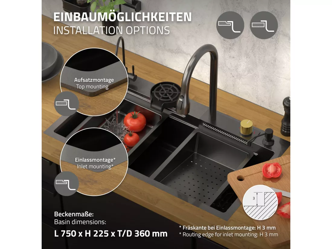 Évier de cuisine encasté multifonctions robinet douchette 80x46 cm anthracite