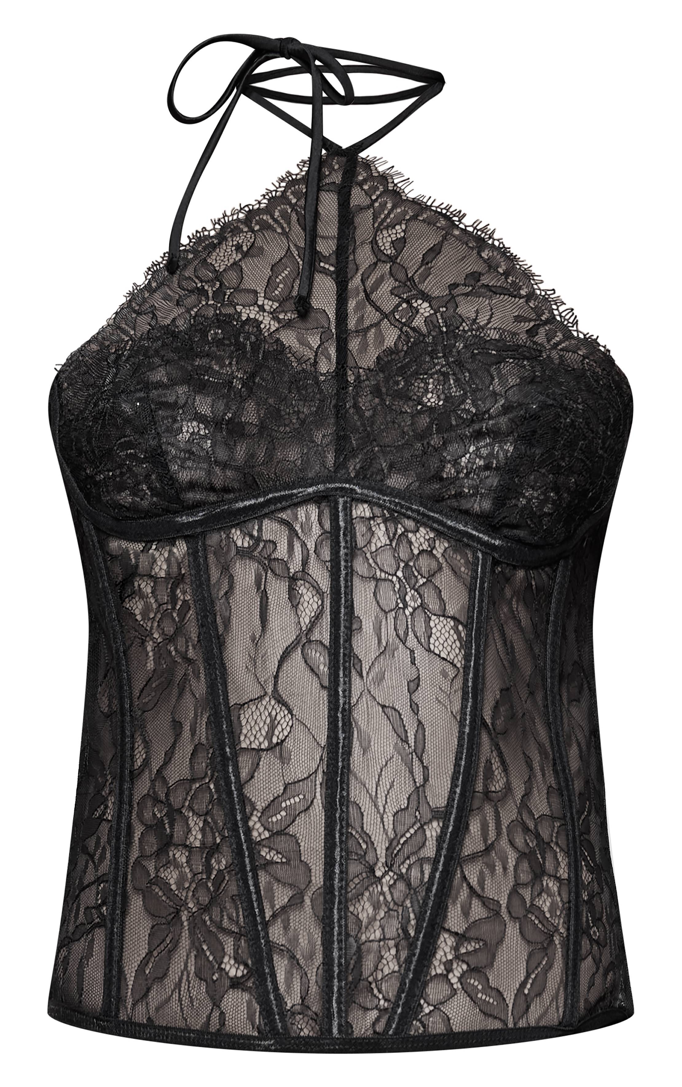Noir Corset En Dentelle À Baleines Avec Détail Collier