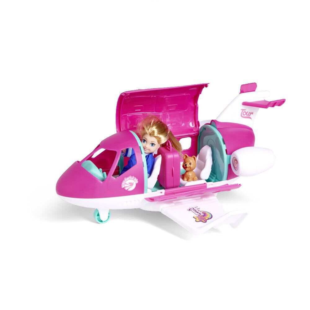Jouet avion rose avec poupée et accessoires