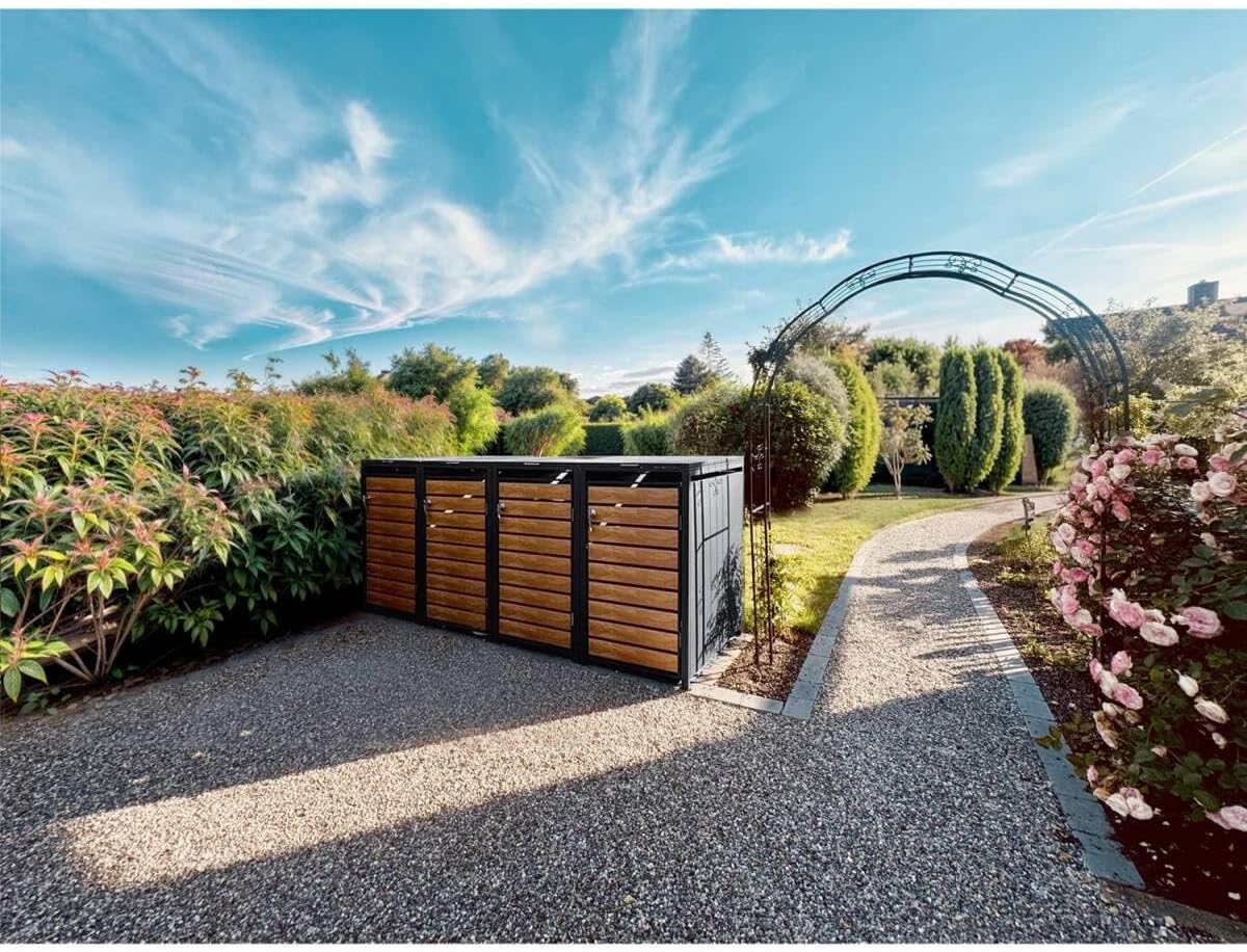 Metzler Mülltonnenbox in Anthrazit & Holzoptik 4er 240L, Mülltonnenverkleidung 4 Tonnen, witterungsbeständiger und pulverbeschichteter Stahl mit Automatikdeckel, abschließbar, Garten- und Müllbox