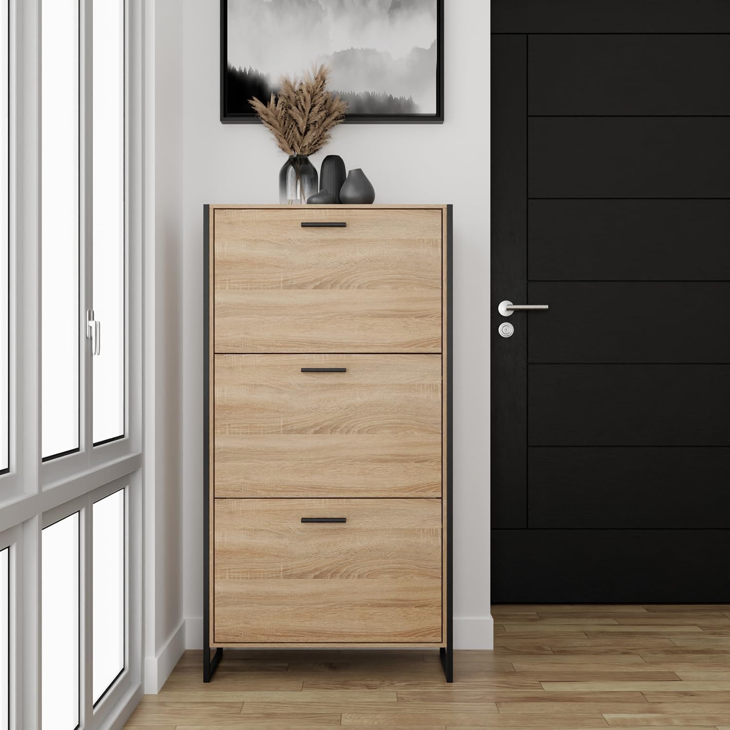CASABEL Schuhschrank, industriell, 18 Paar – Schuhschrank, Aufbewahrung für Eingangsbereich, hohe Kapazität – platzsparend, Eingangsbereich, Flur, Türen und Rahmen aus hellem Holz – Französisches