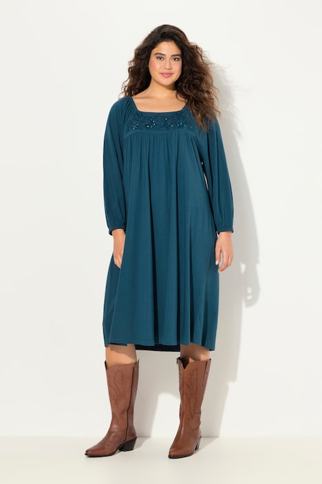 Tunika-Kleid, Ziersteine, Carree-Ausschnitt, Langarm