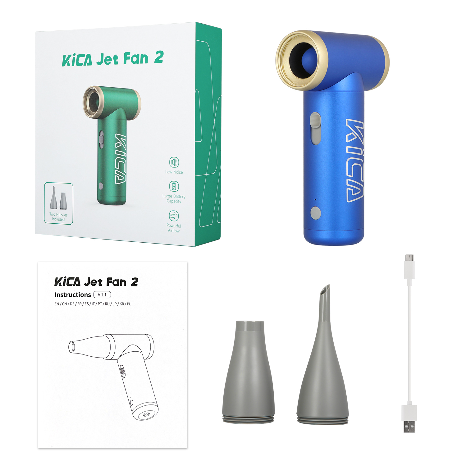 1100mAh 2in1 Jet Fan 2 Elektrische Luftpumpe USB Turbo Ventilator Multifunktionsgebläse Drehzahl bis zu 101000 U/min (4000720) - Blau