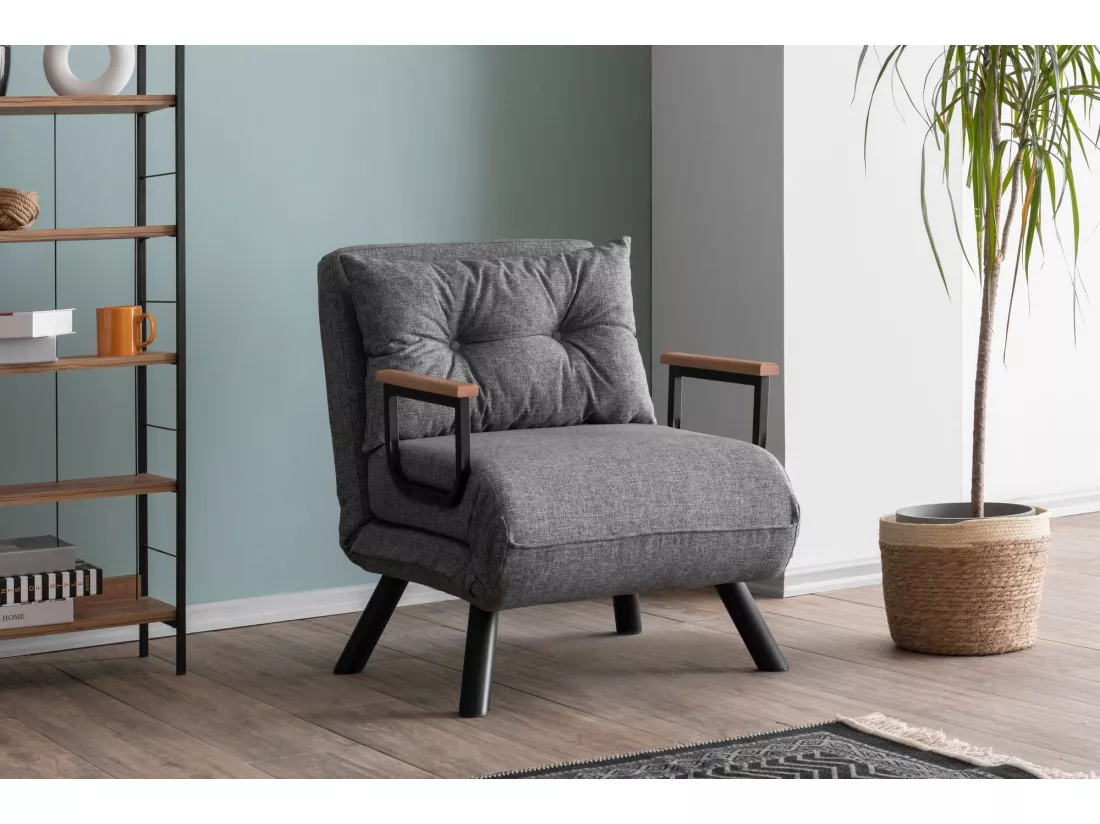 Fauteuil convertible Yolanda Métal Noir et Lin Gris clair