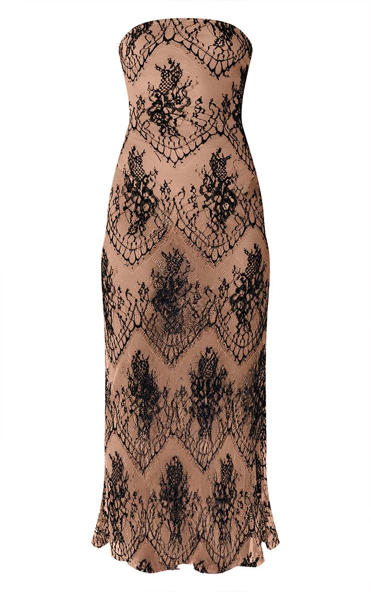 Noir Robe Longue Bustier En Dentelle Extensible À Bords Festonnés